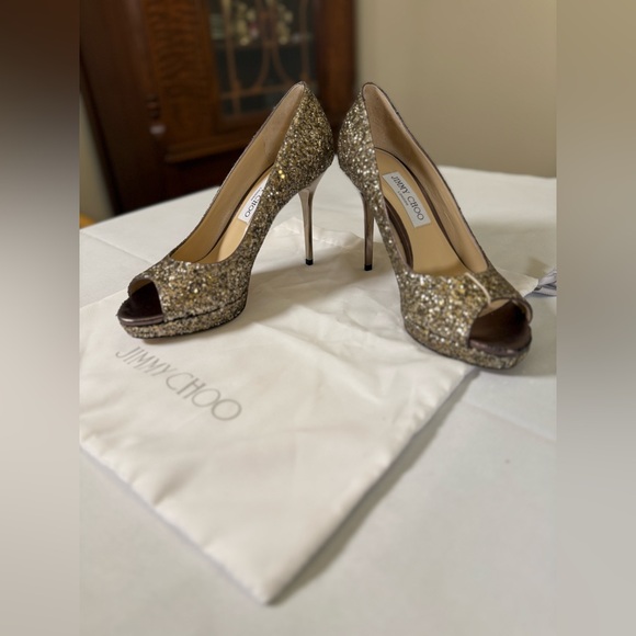 Jimmy Choo Sparkling Gold Peep Toe Heels - Picture 4 of 9